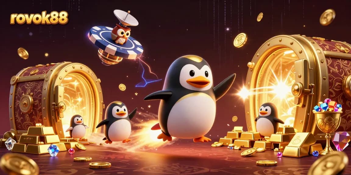 Experience the adventure with rokok88 as a golden penguin glides through a vibrant casino cosmos.