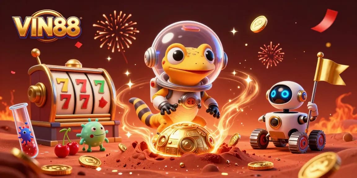 VIN88 captivates players with a lively casino scene featuring a Martian gecko, slot reels, and celebratory elements.