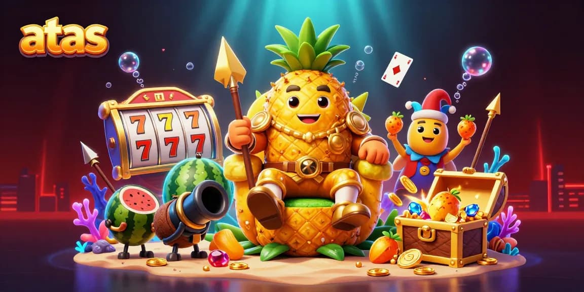 Play slots and win big at ATAS Casino with the golden pineapple king and exciting game elements.