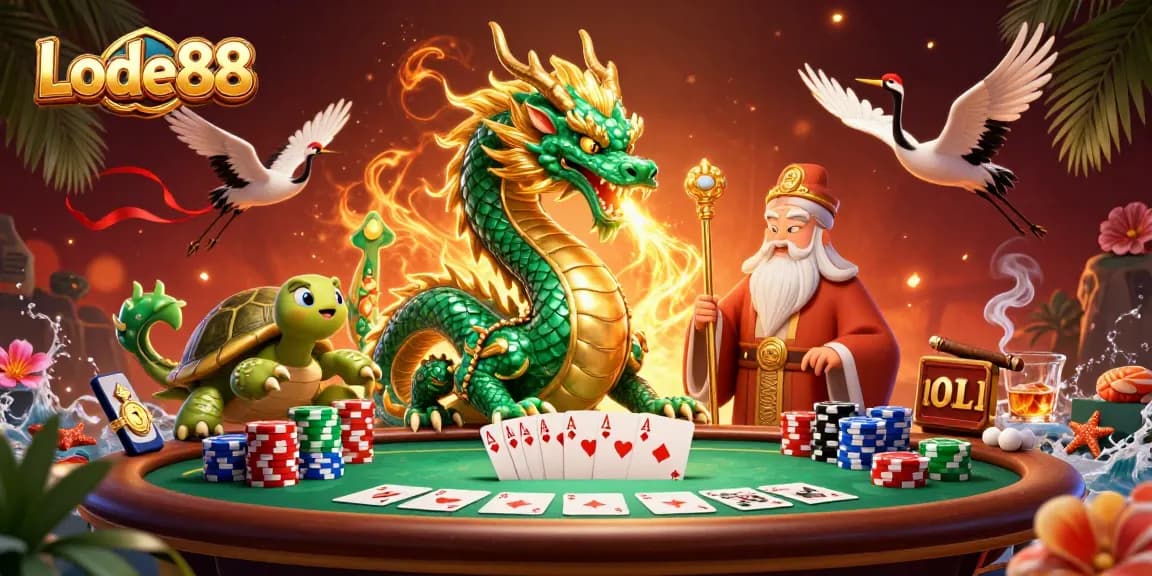 Lode88 evokes thrilling casino excitement with a jade dragon amidst poker elements and lucky symbols.