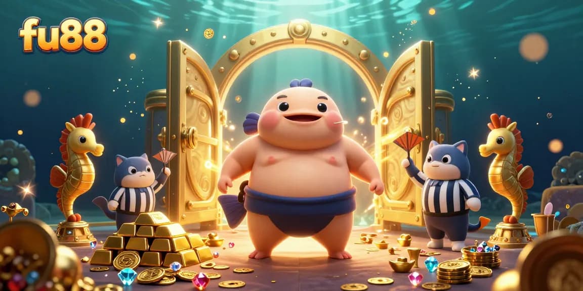 Experience the excitement of fu88 as a colossal fugu battles in an underwater ring while treasure bursts forth in this dynamic casino scene.