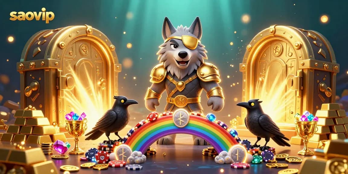 Experience saovip with a dynamic cartoon scene of Odin and ravens amidst casino chips and treasure.