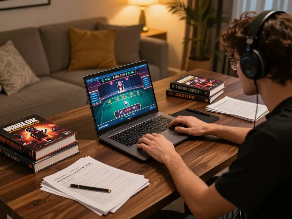 gg88 player enjoying an online game session, surrounded by strategy notes and a laptop.