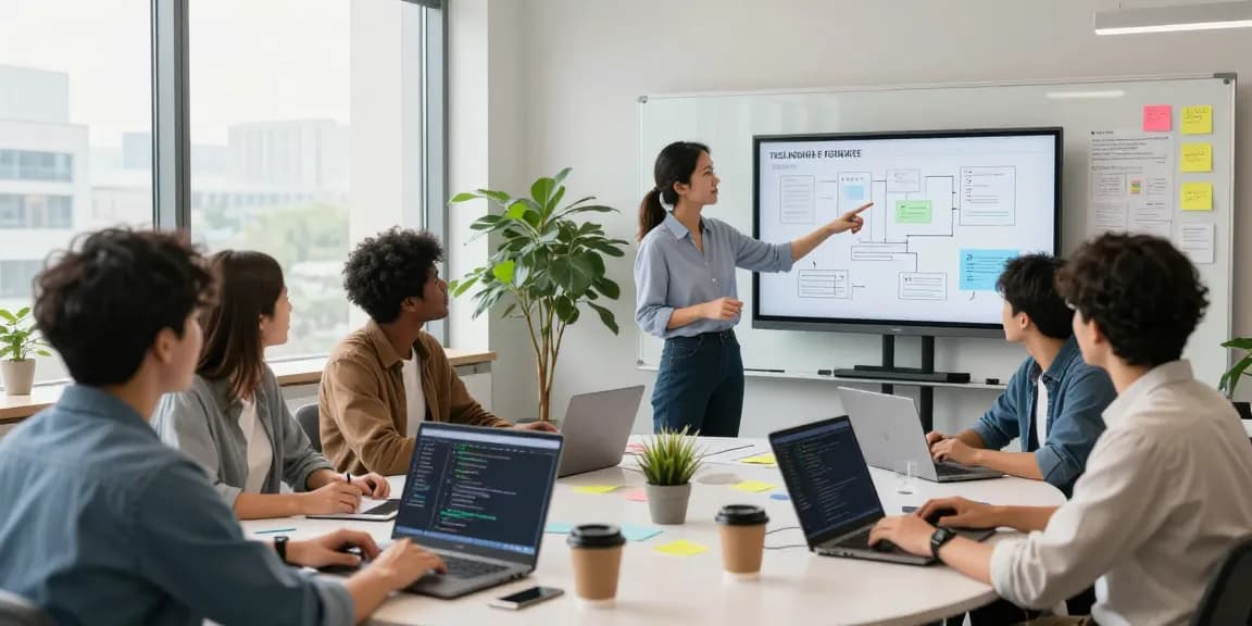 Build internal tools with AI in a diverse tech workspace showcasing collaboration and innovation.