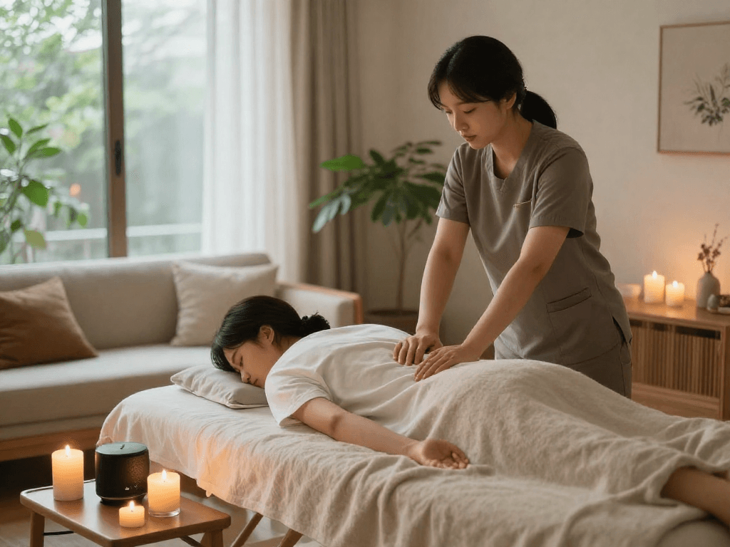 Experience 김포출장마사지 in a serene home setting with a professional therapist and relaxing atmosphere.