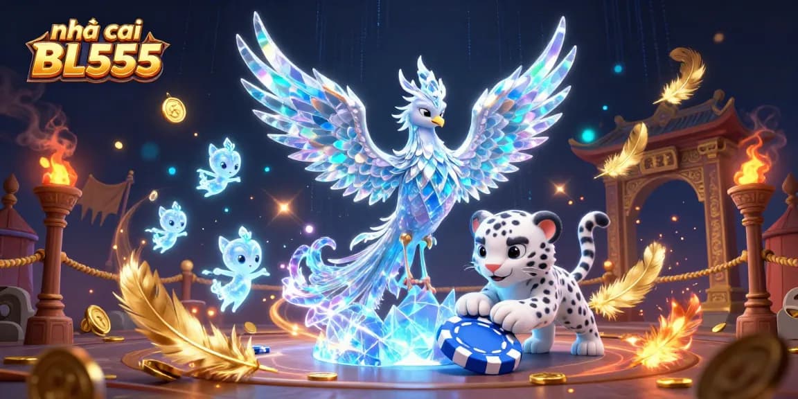 Engage with the thrilling world of nhà cái BL555, featuring an ice phoenix and playful snow leopard amidst a vibrant casino atmosphere.