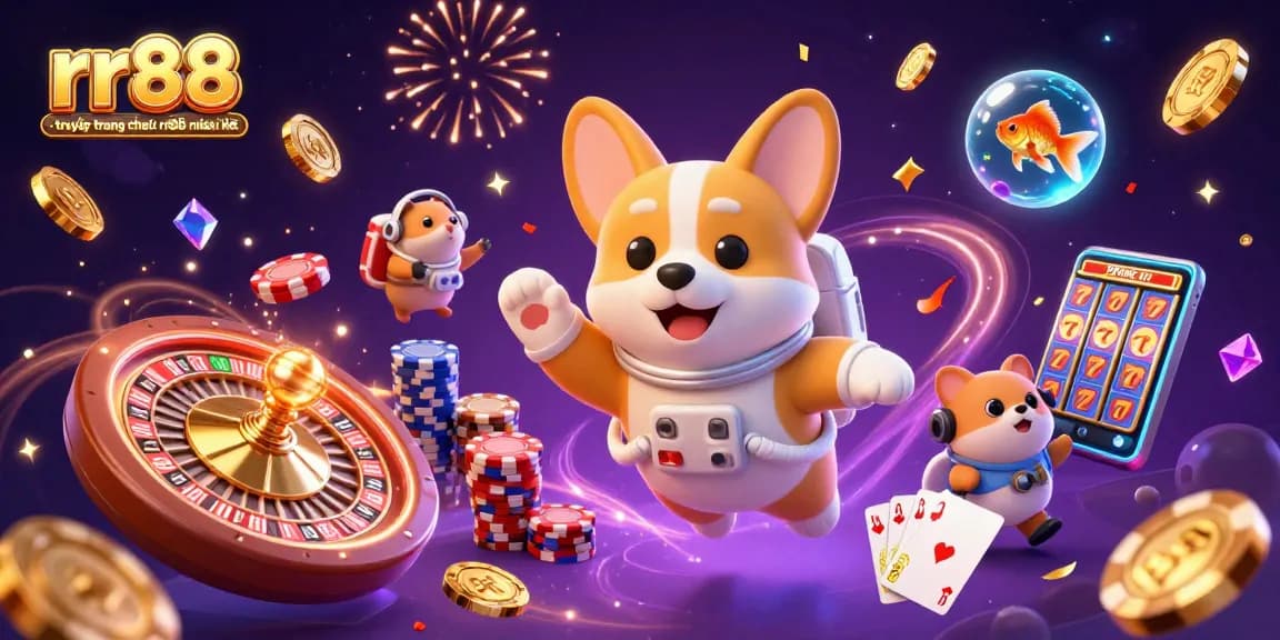 Experience rr88 - truy cập trang chủ nhà cái rr88 mới nhất with a bustling casino illustration featuring animated game elements.