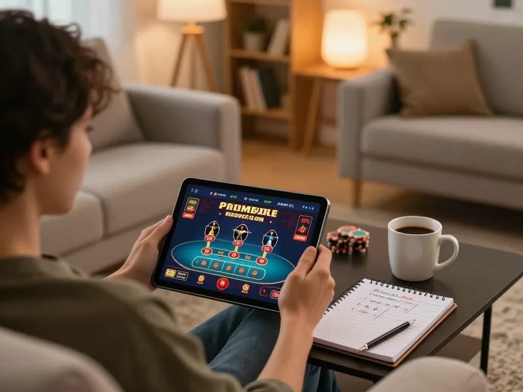 Player engaging in online gambling at home with LLwin app on a tablet, showcasing strategies and comfort.
