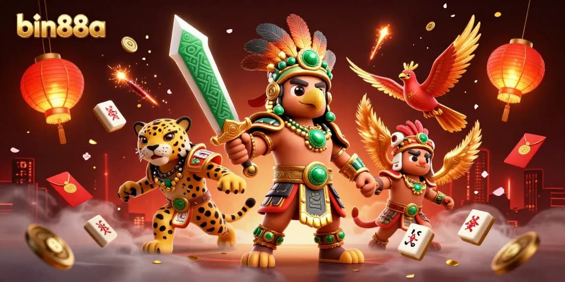 Experience thrilling gaming at bin88a with vibrant Aztec warriors and festive symbols.