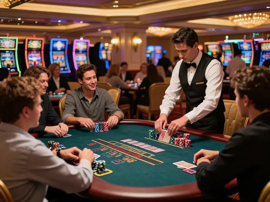 Engaged players at a fabet blackjack table with professional dealer, showcasing casino excitement.