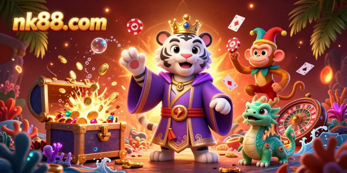 Engage with vibrant gaming on nk88. com, featuring a unique blend of characters and casino elements.