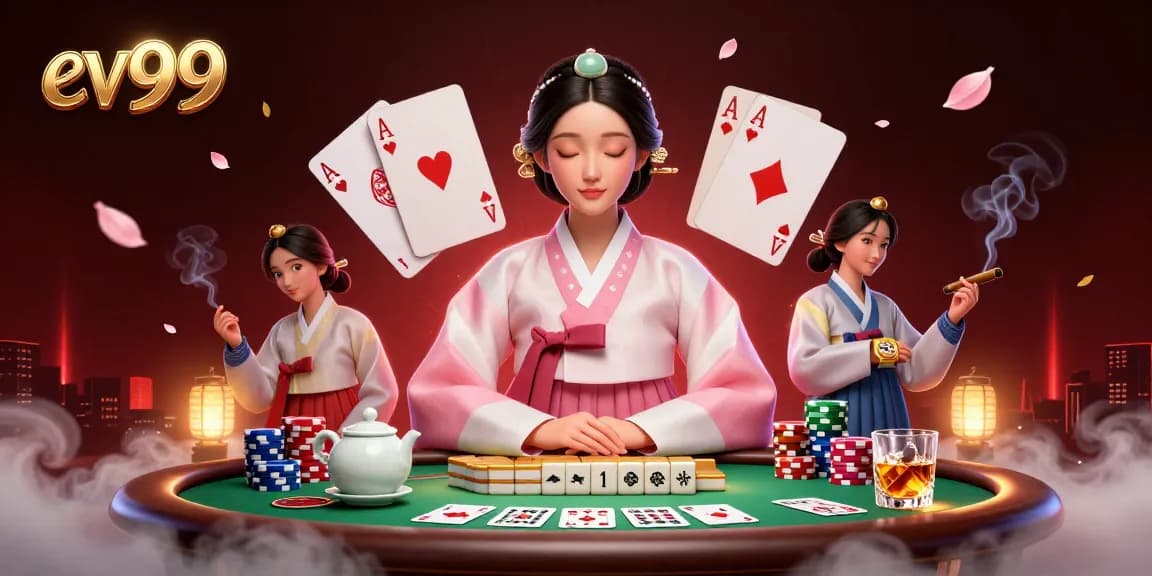 ev99 showcases a captivating scene with an elegant Asian woman seated next to poker chips and cards.