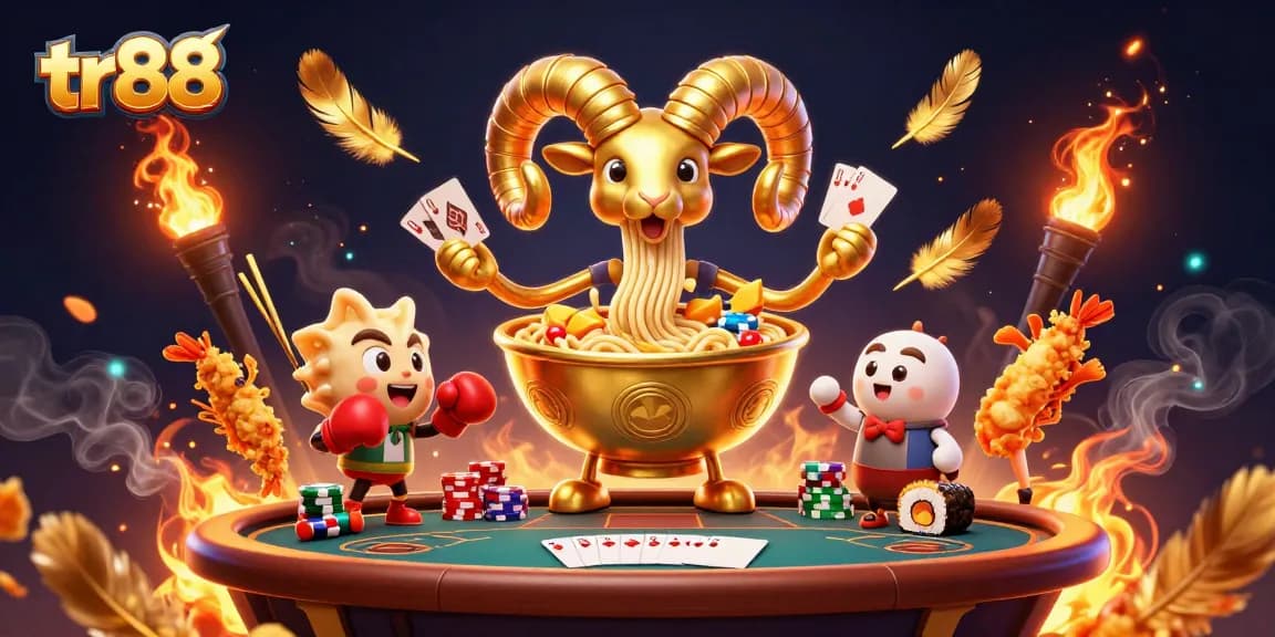 Experience vibrant action with tr88 at the casino—cards, chips, and energetic characters abound.