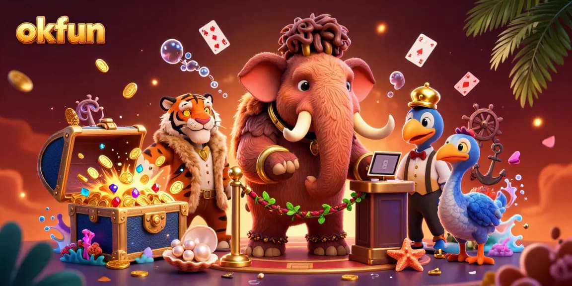 Experience the thrill of okfun casino with a vibrant scene featuring whimsical characters and gaming elements.