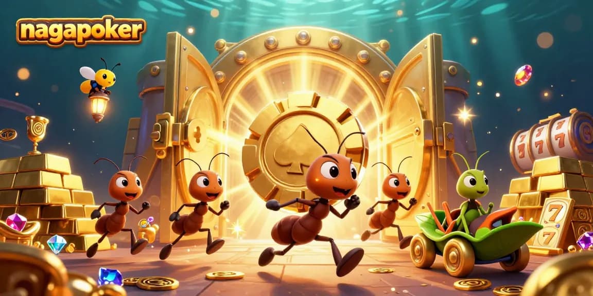 Engaging scene of the nagapoker heist, showcasing playful ants with a golden poker chip amidst vibrant casino elements.