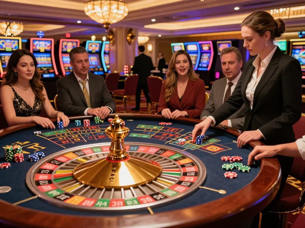 33win players enjoying a thrilling roulette game in a luxurious casino, showcasing excitement and strategy
