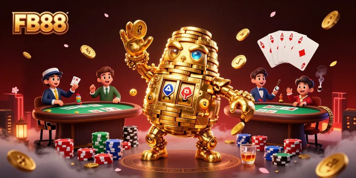 Experience exciting gaming action with FB88’s dynamic casino scene featuring a golden golem and poker elements.