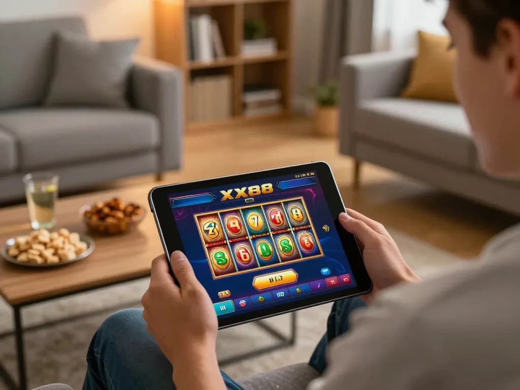 Engaging with the XX88 casino app on a tablet in a comfortable living room setting, highlighting online gaming excitement.