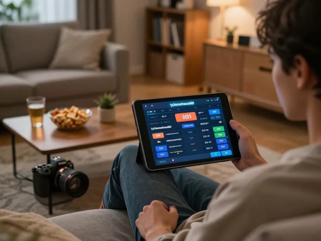 Engaging in sports betting on the tylekeonhacai88 app from a cozy home setup, enjoying strategic gameplay.