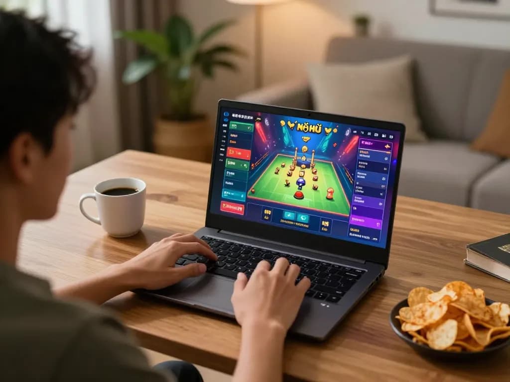 Nổ Hũ gaming experience at home on laptop with chips and coffee