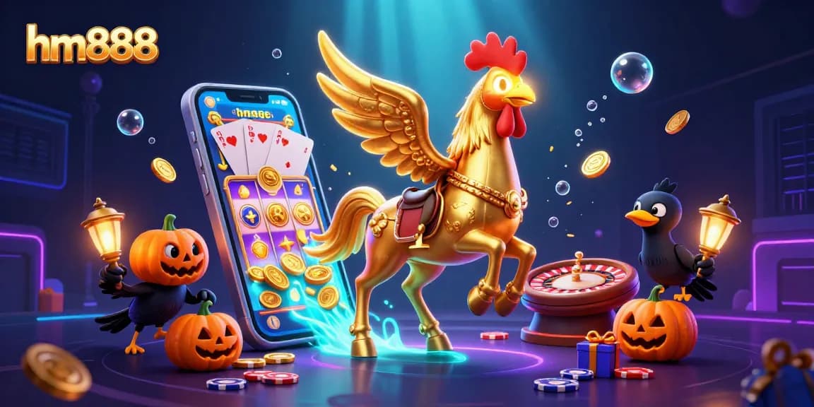 Win big at hm888 with the golden rooster in a vibrant casino scene filled with exciting game elements.