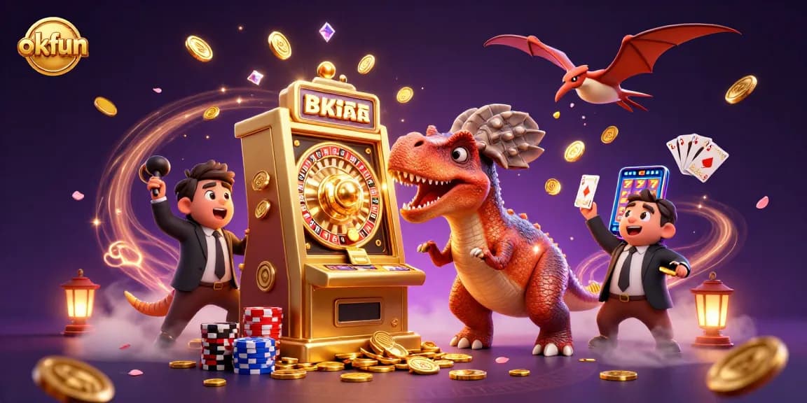 Spin and win on okfun with a colorful virtual casino scene featuring a dinosaur theme.