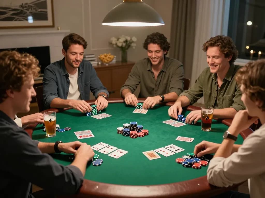 Friends enjoying a poker night at home, featuring GG88 KJC atmosphere of excitement and strategy.
