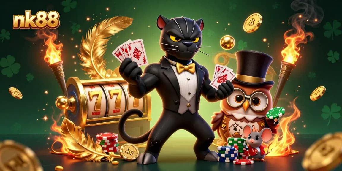 nk88 showcases a stylish black panther dealer expertly managing poker chips amid a vibrant casino scene full of slot elements.