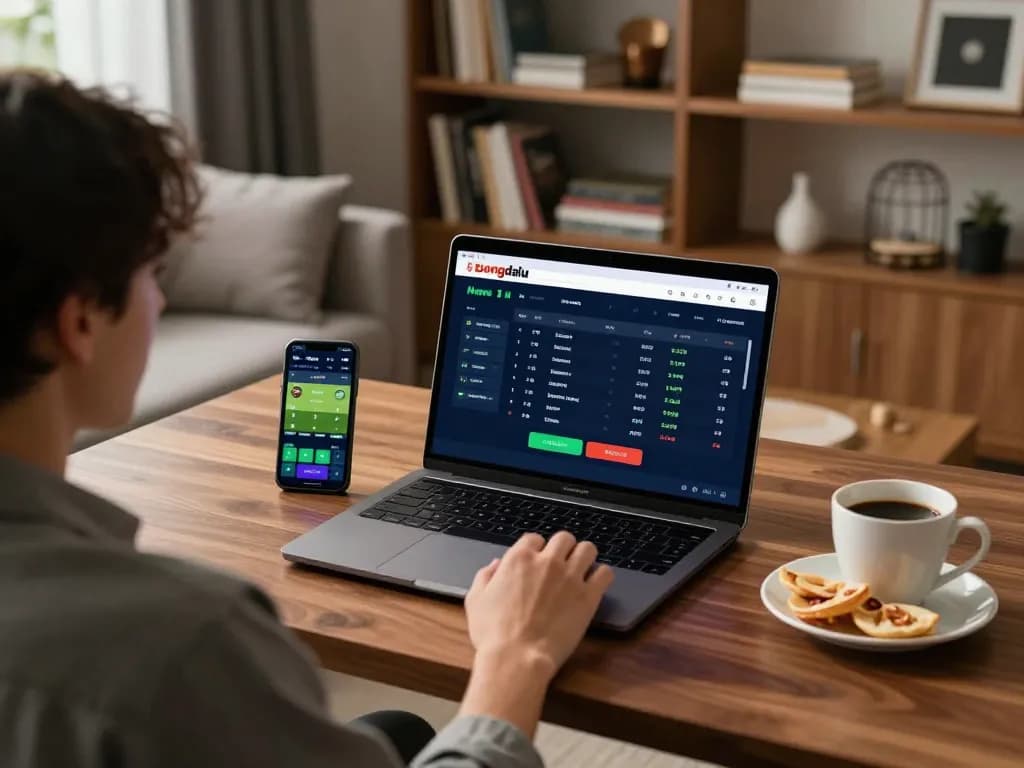 Engaged user analyzing odds on Bongdallu's platform while enjoying sports betting at home.