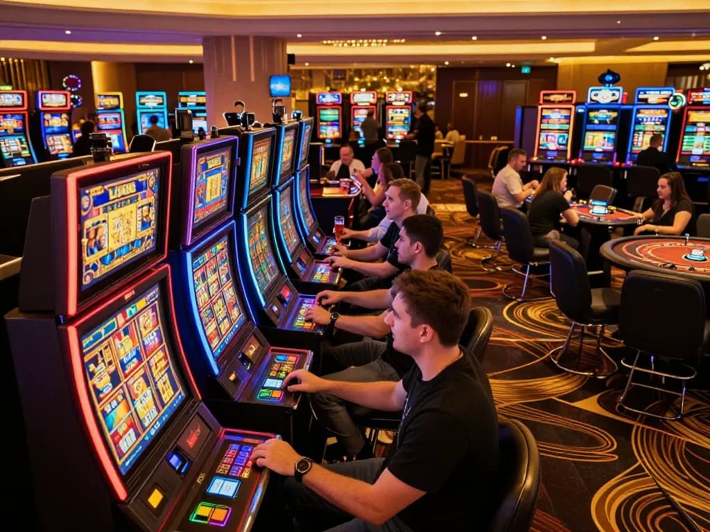 Hành động tại Sòng Bạc LUCK8 với người chơi tham gia vào các máy slot đầy màu sắc trong bầu không khí sang trọng