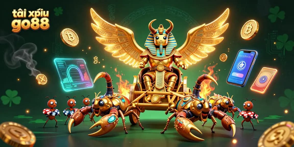 Engage with tài xỉu go88 in a vibrant 3D world filled with golden scarabs, scorpions, and crypto elements.