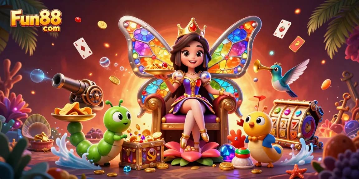 Spin the reels at Fun88 com's vibrant casino, featuring a lively butterfly queen and treasure elements.