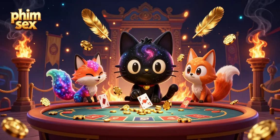 Engaging cosmic scene showing phim sex themed casino with cat and fox characters pulling in chips