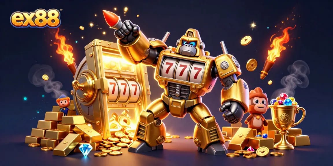 Win big with ex88's exciting slots experience featuring a powerful gorilla mech and golden treasures.