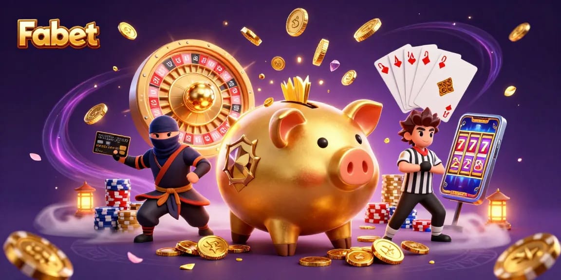 Win big with Fabet in a thrilling casino scene featuring iconic gaming elements.