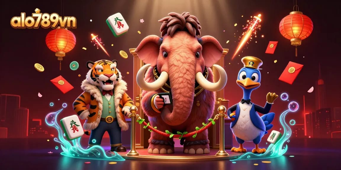 Experience dynamic gambling with alo789vn featuring a 3D mammoth bouncer, VIP tiger guest, and colorful casino elements.