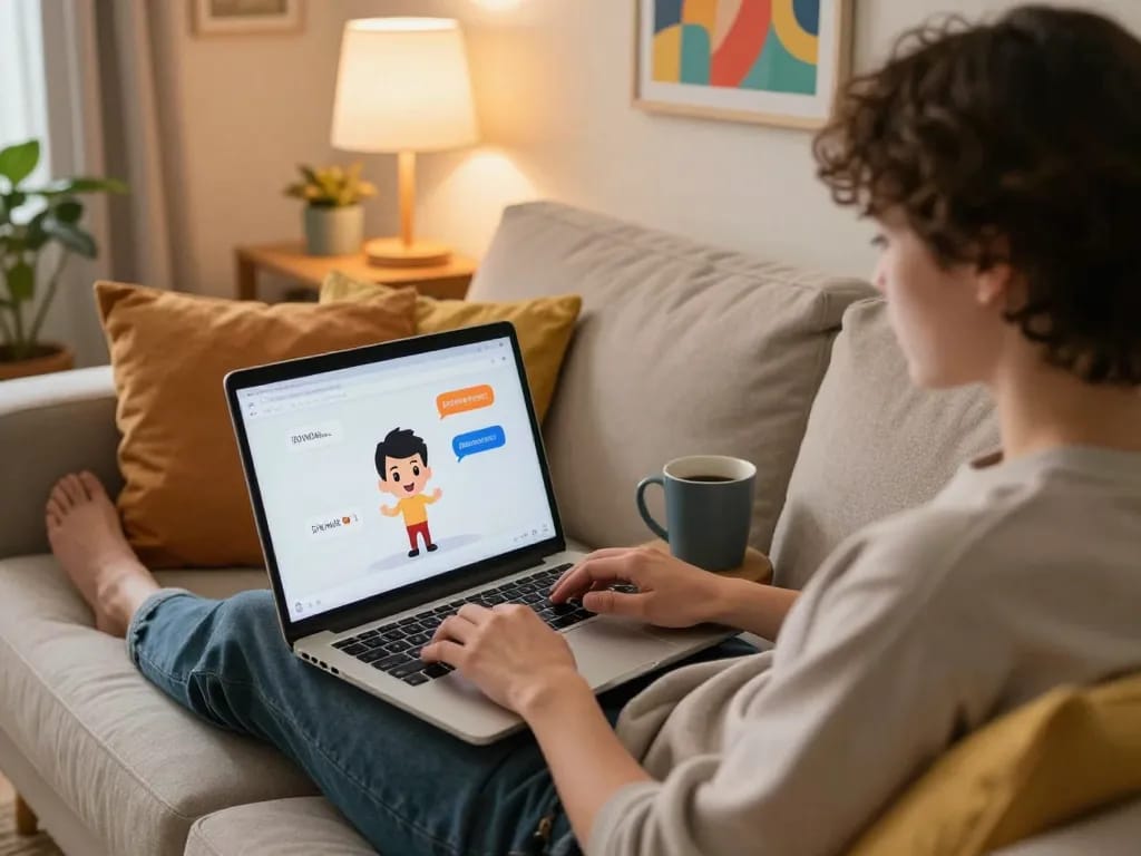Engaging in ai porn chat on a laptop in a cozy home setting, with playful digital interface and warm atmosphere.