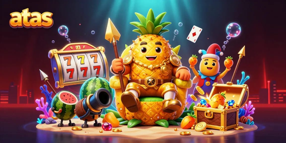 Play slots and win big at ATAS Casino with the golden pineapple king and exciting game elements.