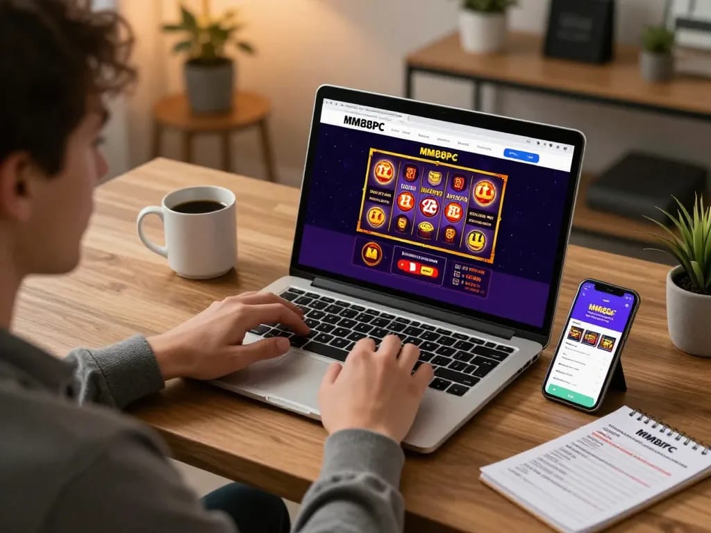 Player engaging with mm88pc online casino games in a cozy home office