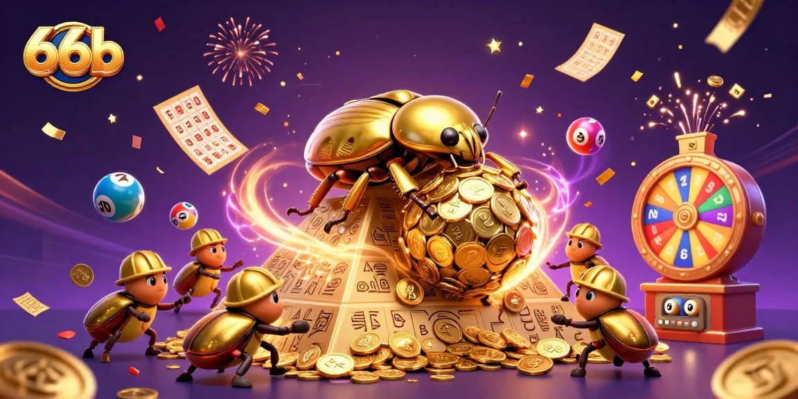 Explore the vibrant world of 66b with lottery elements and dynamic 3D characters in action.