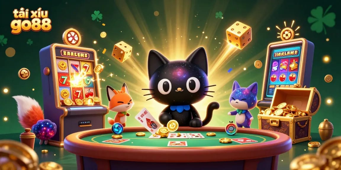 Tài xỉu go88 showcases an exciting cosmic casino atmosphere with swirling characters and game elements.