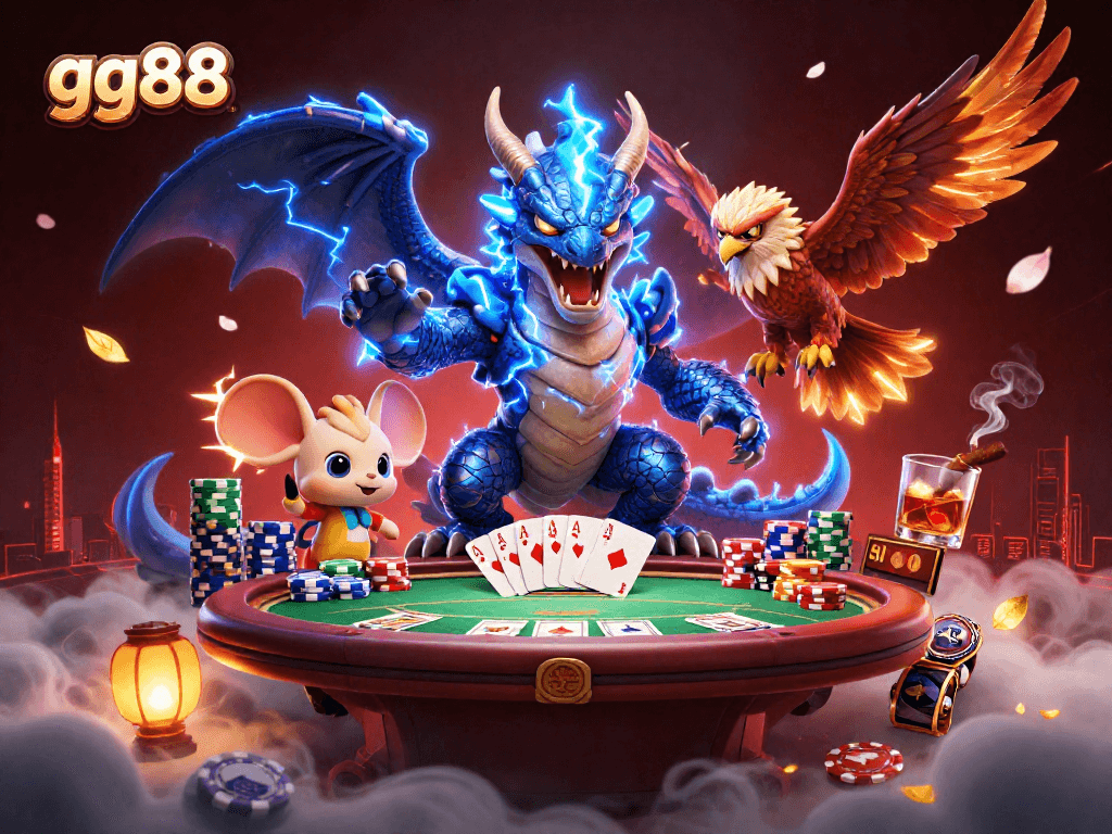 Engage in thrilling games at GG88, featuring vibrant 3D cartoon characters, poker elements, and dynamic casino atmosphere.