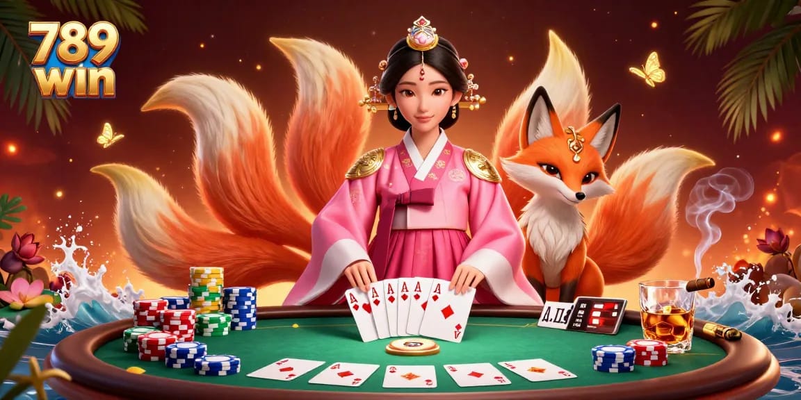Experience the thrill of 789 win with captivating visuals of a poker scene and lucky symbols.