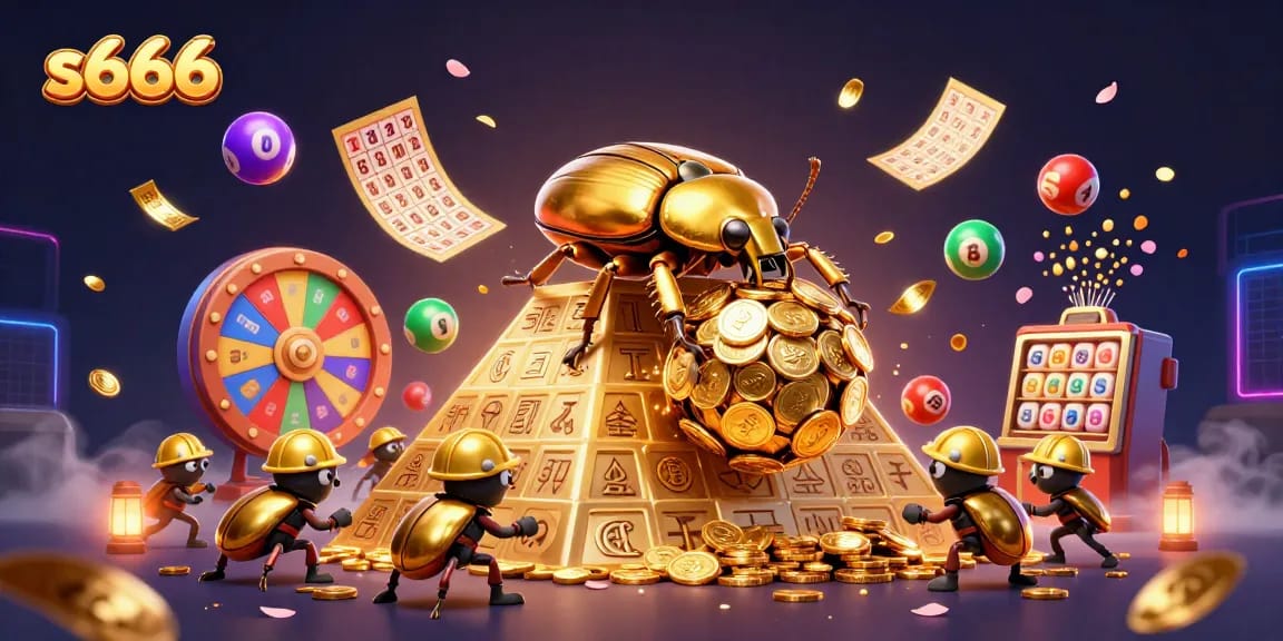 S666 offers exciting gameplay featuring vibrant lottery elements and golden coins in a dynamic 3D illustration.