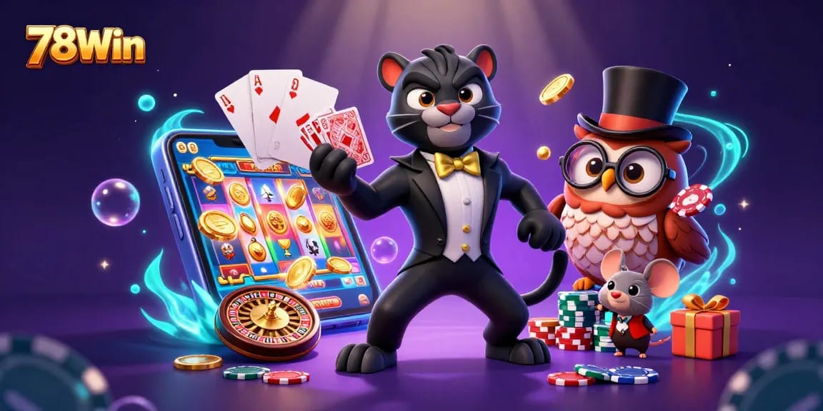 Experience exciting gambling with 78Win where the stylish panther deals cards among vibrant gaming elements.