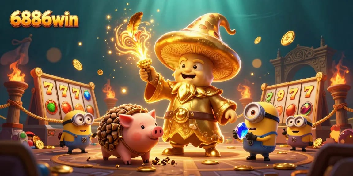 Experience the thrill of winning at 6886win with this dynamic casino illustration showcasing slot games and magical creatures.