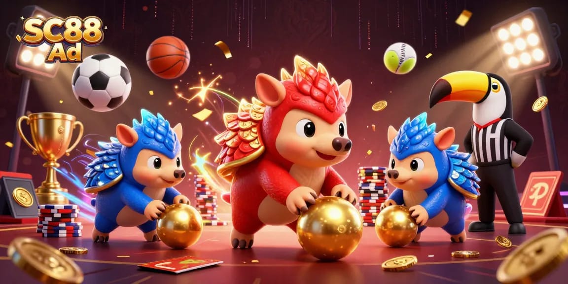 Experience thrilling SC88 Ad moments with pangolins bowling through poker chips in a vibrant casino scene.