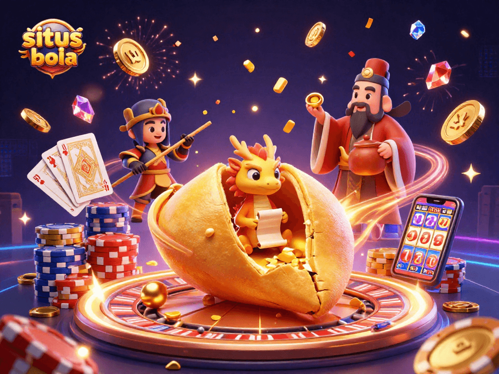 Place bets on situs judi bola with engaging gameplay from a vibrant 3D illustration featuring dynamic gambling elements.