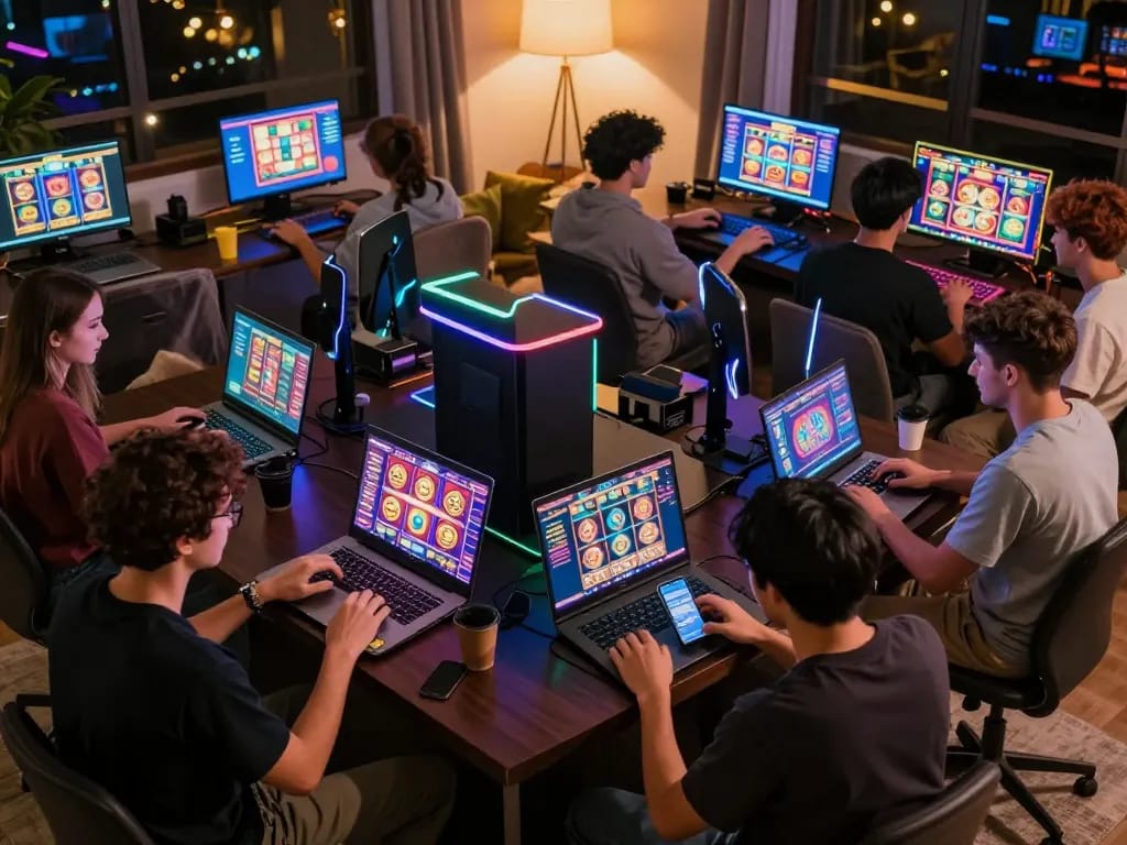 Players enjoying rokok88 link alternatif on multiple devices in a cozy online casino setting