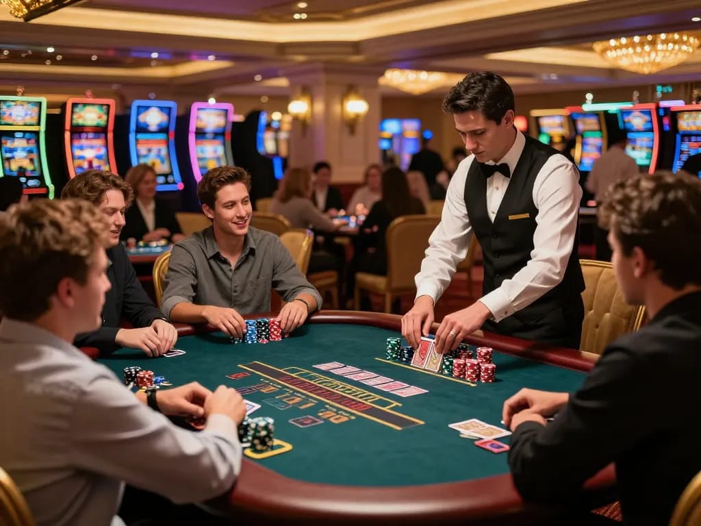 Engaged players at a fabet blackjack table with professional dealer, showcasing casino excitement.